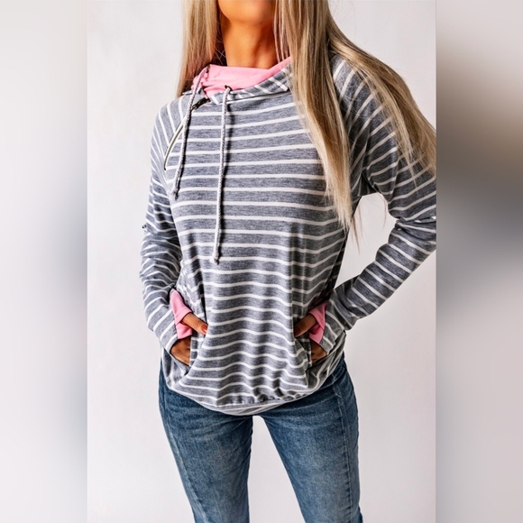 NEW WITH TAGS Small Gray White Stripe Pink Cowl Double Hoodie look - Picture 5 of 8